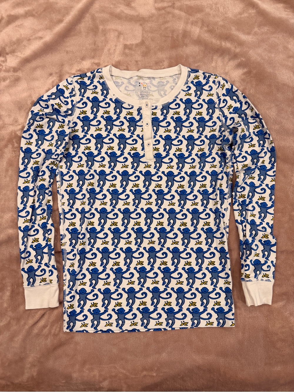 Roller Rabbit White Long-Sleeve Henley with Blue Monkey Print Size 14
